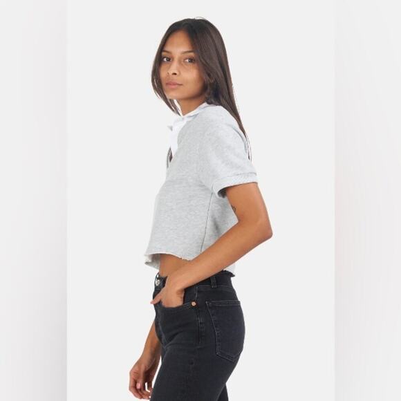 Twenty Montreal Cropped Cotton Blend Polo Top Heather Gray White Collar - Large - Picture 2 of 15